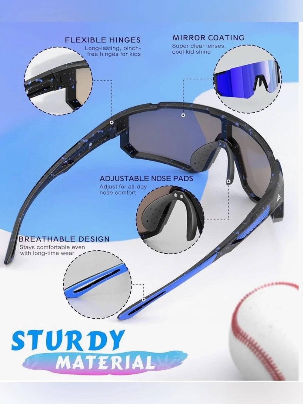 Kids Performance Sunglasses with Blue Mirror Lens - Black & White Speckle